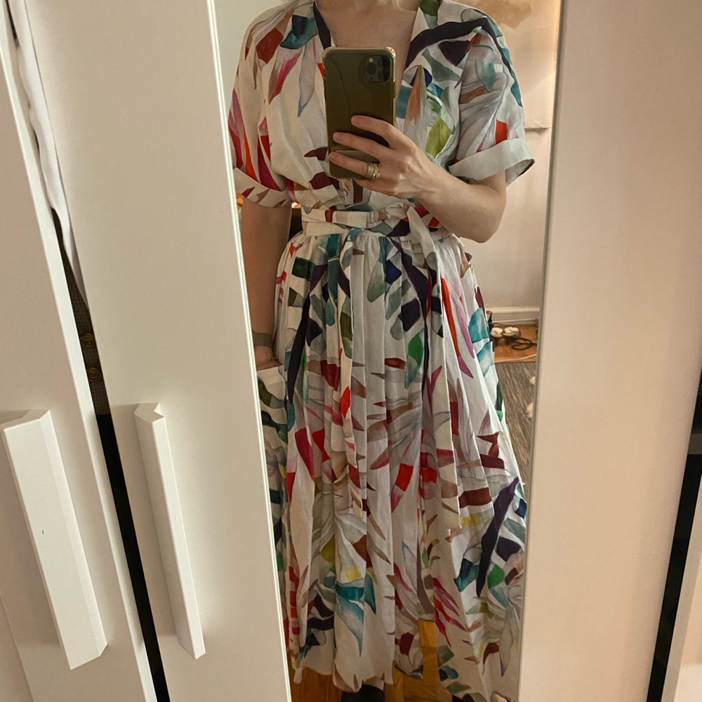 Linen midi wrap dress with pockets, limited edition print